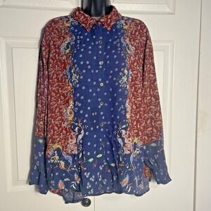 Ronnie Salloway Boho Shirt Women L Blue Red Floral Print Button Down Rayon Top